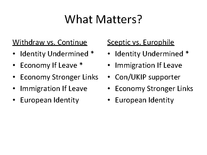 What Matters? Withdraw vs. Continue • Identity Undermined * • Economy If Leave *