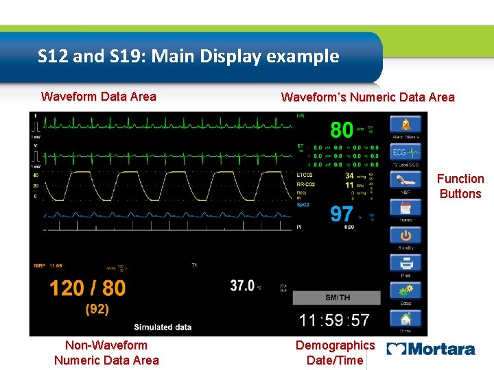 S 12 and S 19: Main Display example Waveform Data Area Waveform’s Numeric Data