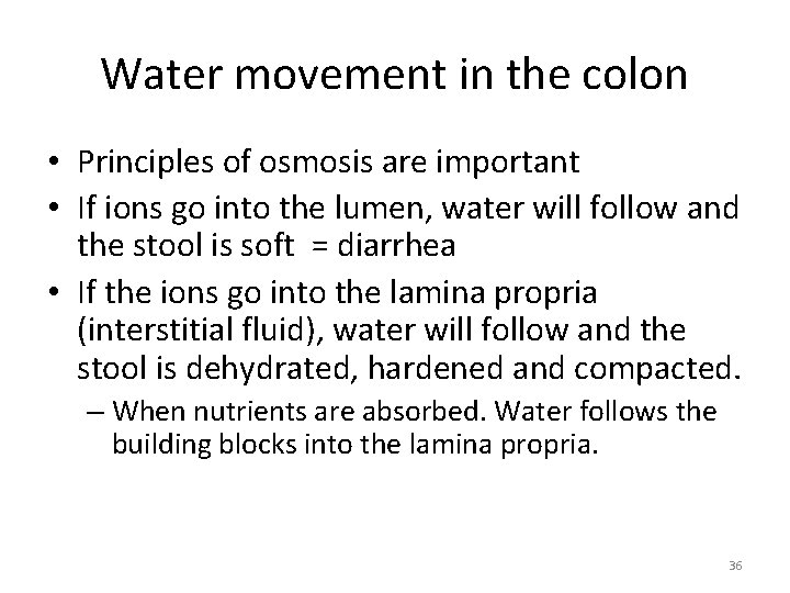 Water movement in the colon • Principles of osmosis are important • If ions