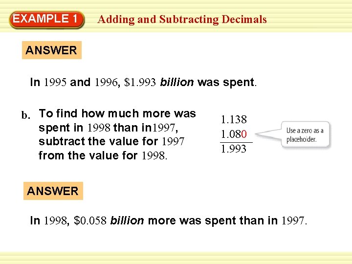 EXAMPLE 1 Adding and Subtracting Decimals ANSWER In 1995 and 1996, $1. 993 billion