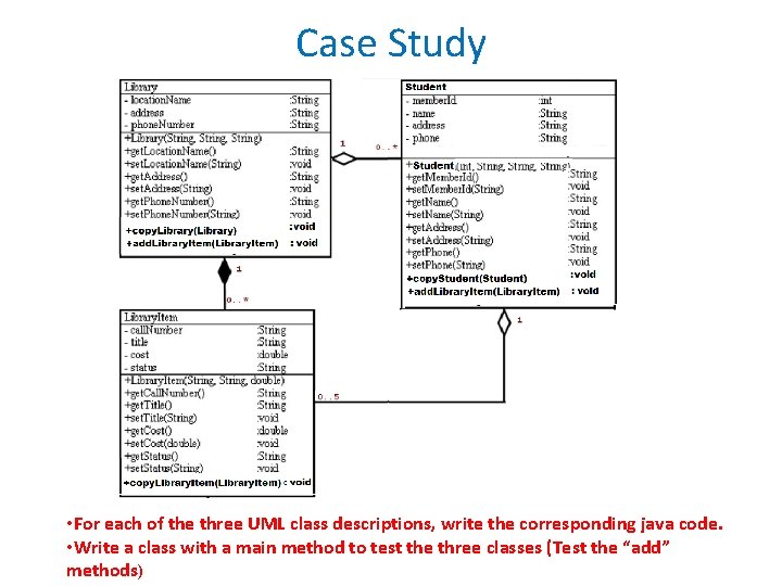 Case Study • For each of the three UML class descriptions, write the corresponding