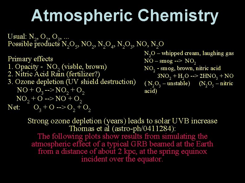 Atmospheric Chemistry Usual: N 2, O 3, . . . Possible products N 2