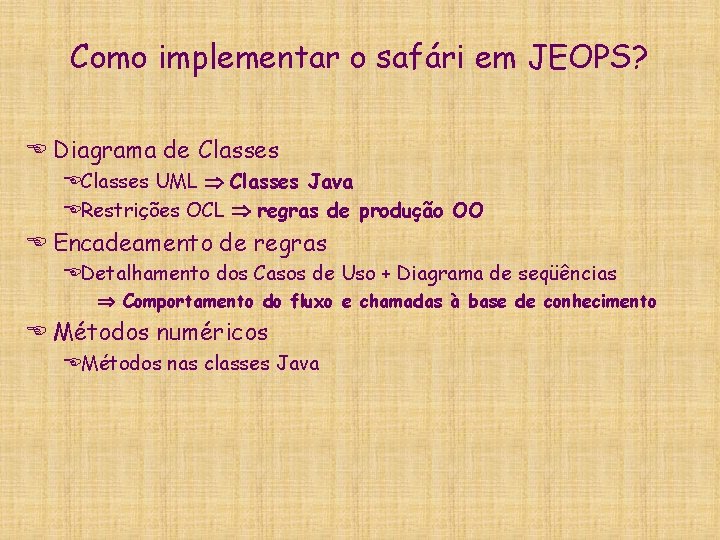 Como implementar o safári em JEOPS? E Diagrama de Classes EClasses UML Classes Java