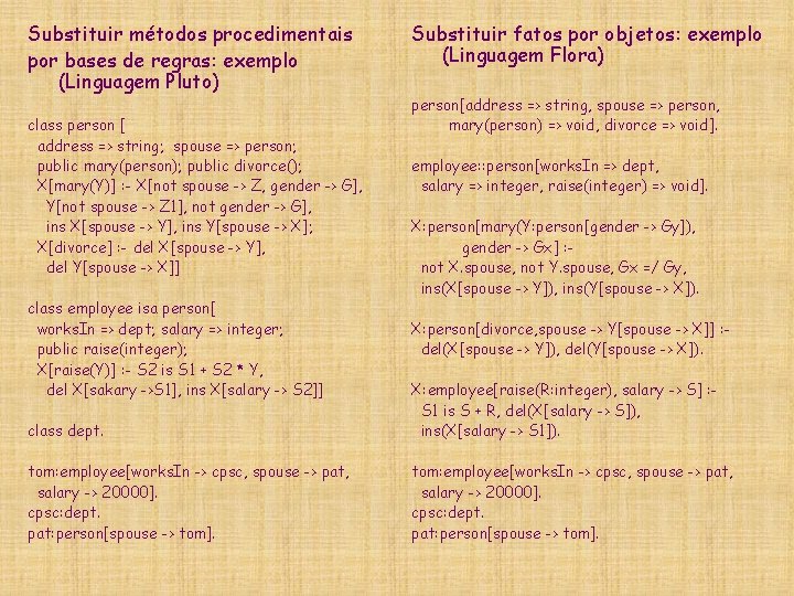 Substituir métodos procedimentais por bases de regras: exemplo (Linguagem Pluto) class person [ address