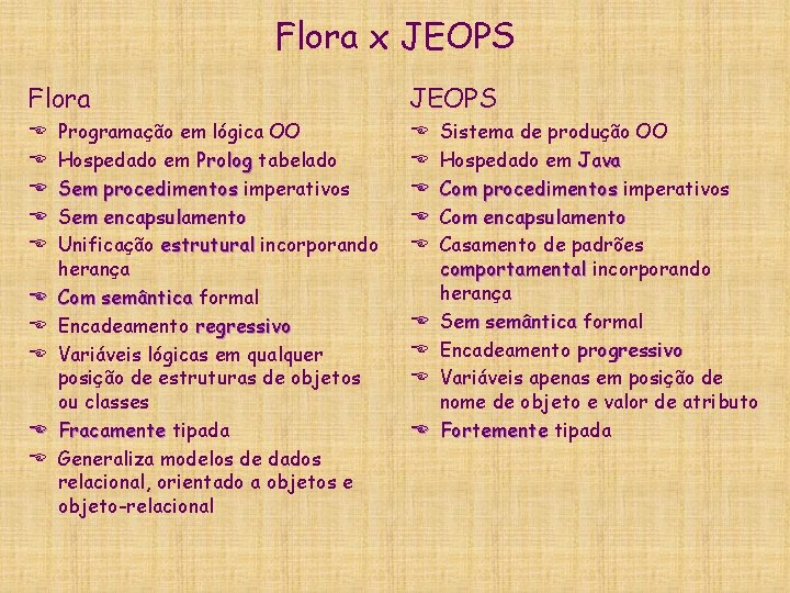 Flora x JEOPS Flora E E E E E Programação em lógica OO Hospedado