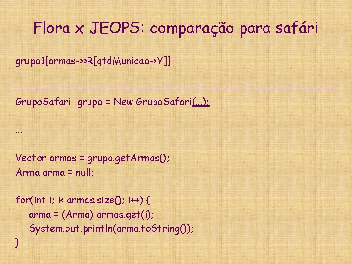 Flora x JEOPS: comparação para safári grupo 1[armas->>R[qtd. Municao->Y]] Grupo. Safari grupo = New