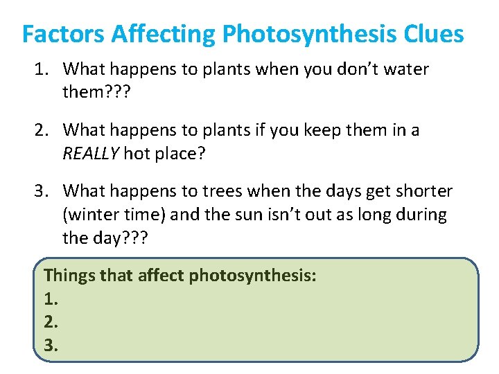 Factors Affecting Photosynthesis Clues 1. What happens to plants when you don’t water them?