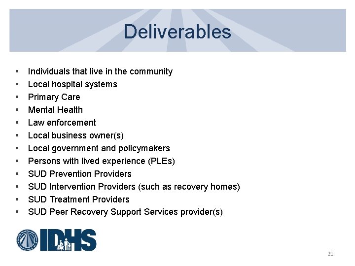 Deliverables § § § Individuals that live in the community Local hospital systems Primary