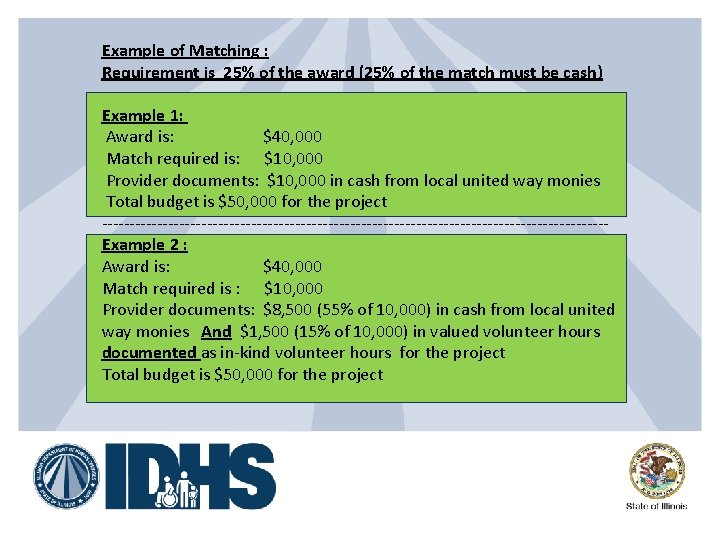 Example of Matching : Requirement is 25% of the award (25% of the match
