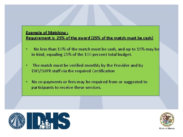 Example of Matching : Requirement is 25% of the award (25% of the match