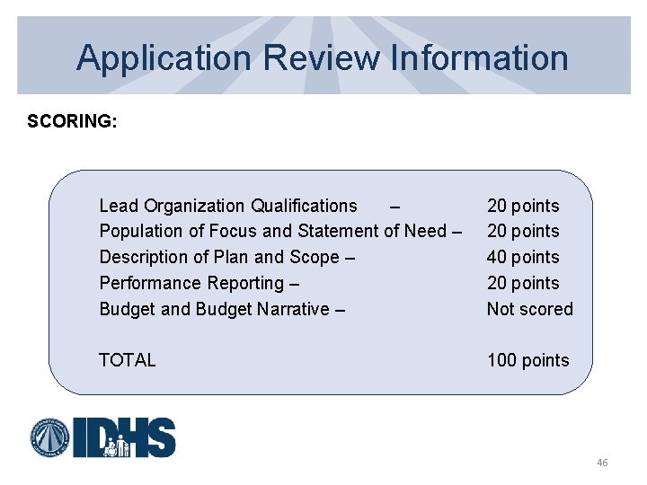 Application Review Information SCORING: Lead Organization Qualifications – Population of Focus and Statement of