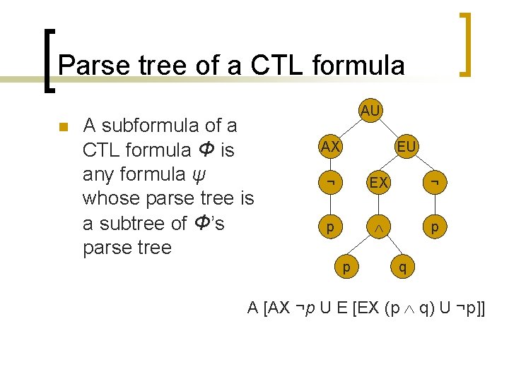 Parse tree of a CTL formula n A subformula of a CTL formula Φ