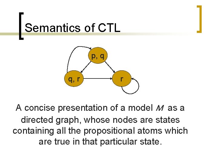 Semantics of CTL p, q q, r r A concise presentation of a model