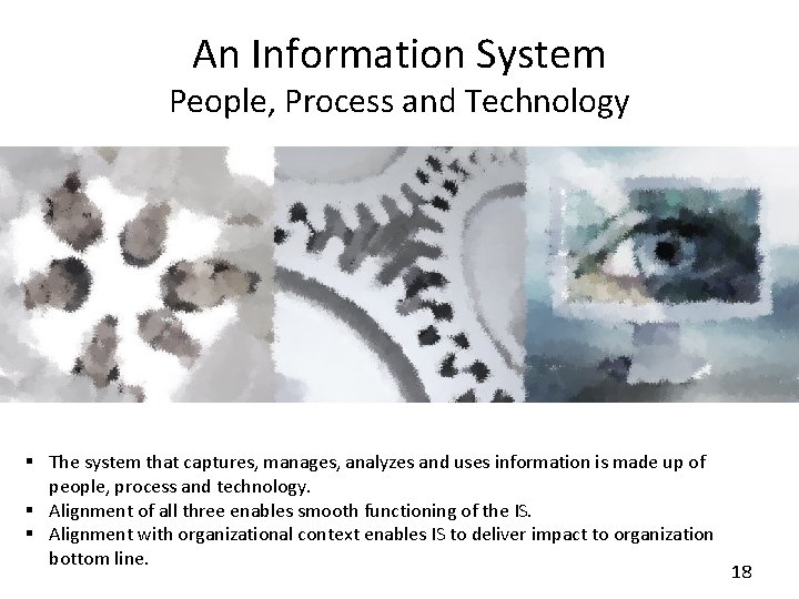 An Information System People, Process and Technology § The system that captures, manages, analyzes