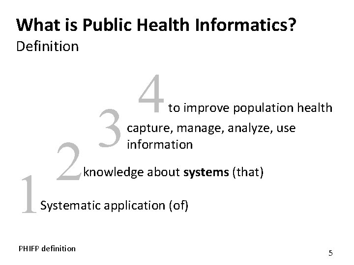 What is Public Health Informatics? Definition 1 2 3 4 to improve population health