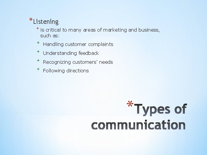 *Listening * is critical to many areas of marketing and business, such as: *