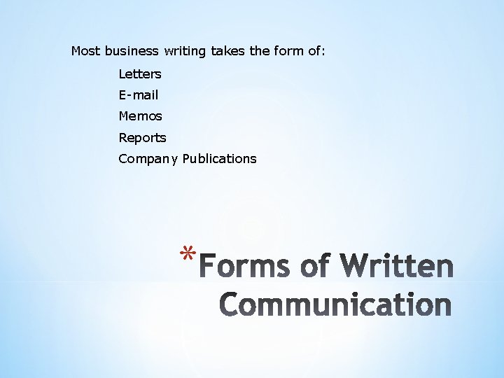 Most business writing takes the form of: Letters E-mail Memos Reports Company Publications *