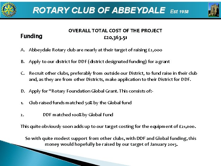 ROTARY CLUB OF ABBEYDALE Funding Est 1958 OVERALL TOTAL COST OF THE PROJECT £