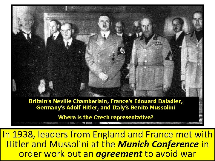 Britain’s Neville Chamberlain, France’s Edouard Daladier, Germany’s Adolf Hitler, and Italy’s Benito Mussolini Where