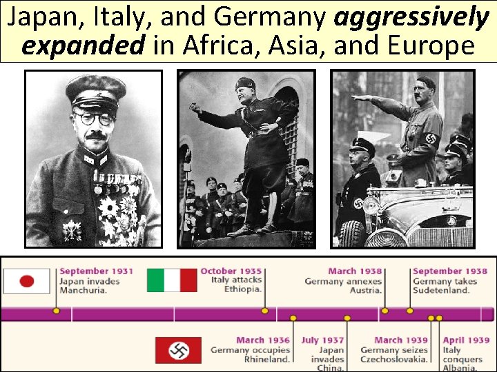 Japan, Italy, and Germany aggressively expanded in Africa, Asia, and Europe 