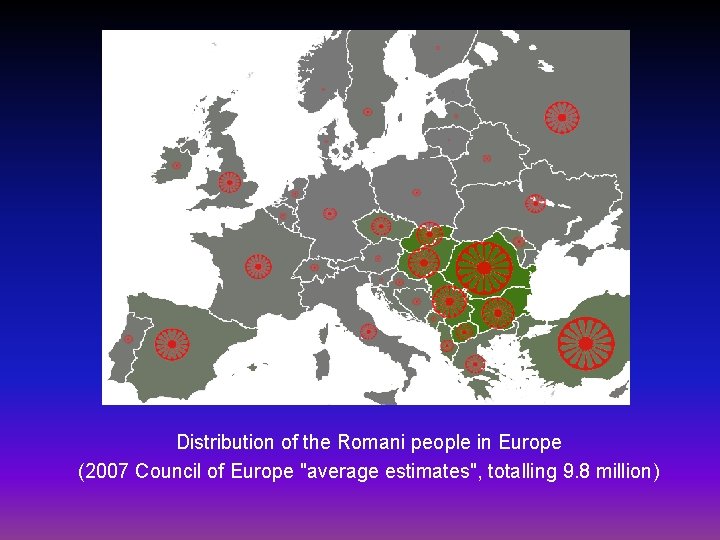 Distribution of the Romani people in Europe (2007 Council of Europe "average estimates", totalling