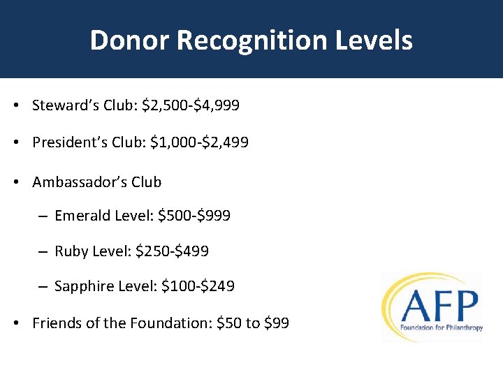 Donor Recognition Levels • Steward’s Club: $2, 500 -$4, 999 • President’s Club: $1,