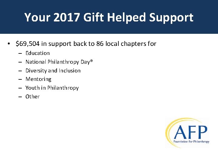 Your 2017 Gift Helped Support • $69, 504 in support back to 86 local