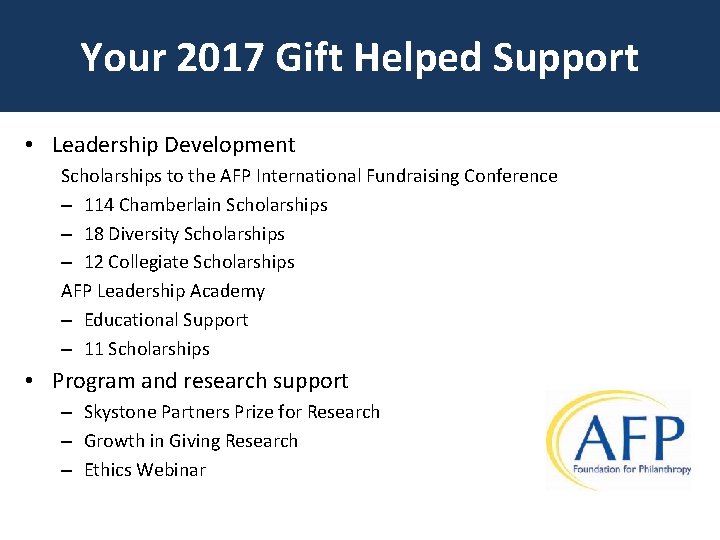 Your 2017 Gift Helped Support • Leadership Development Scholarships to the AFP International Fundraising