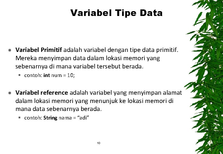 Variabel Tipe Data Variabel Primitif adalah variabel dengan tipe data primitif. Mereka menyimpan data Variabel Tipe Data Variabel Primitif adalah variabel dengan tipe data primitif. Mereka menyimpan data