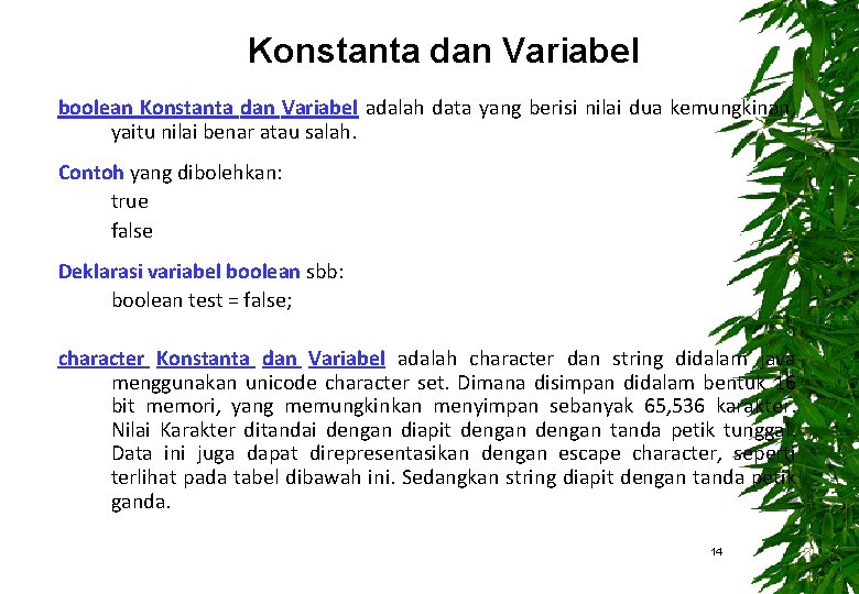 Konstanta dan Variabel boolean Konstanta dan Variabel adalah data yang berisi nilai dua kemungkinan,