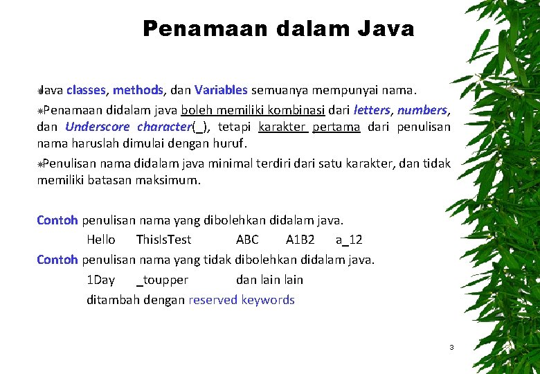 Penamaan dalam Java classes, methods, dan Variables semuanya mempunyai nama. Penamaan didalam java boleh