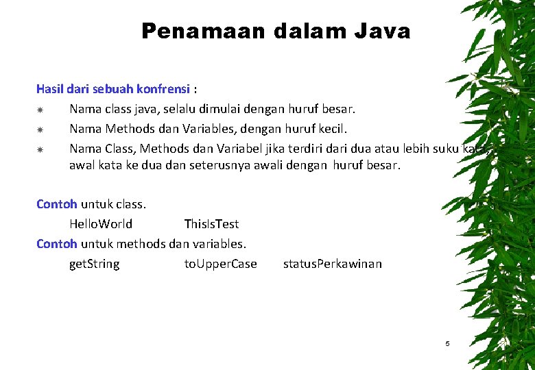 Penamaan dalam Java Hasil dari sebuah konfrensi : Nama class java, selalu dimulai dengan