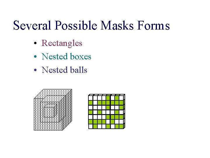 Several Possible Masks Forms • Rectangles • Nested boxes • Nested balls 