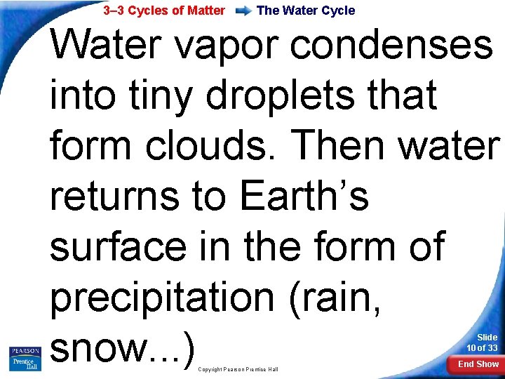 3– 3 Cycles of Matter The Water Cycle Water vapor condenses into tiny droplets