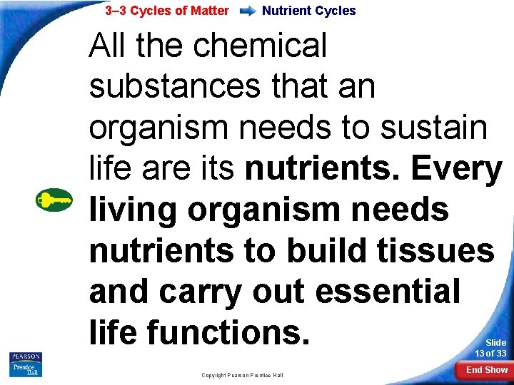 3– 3 Cycles of Matter Nutrient Cycles All the chemical substances that an organism