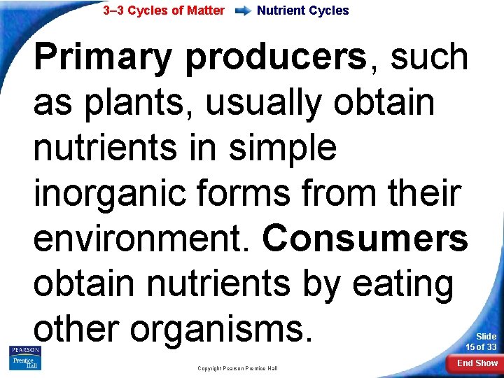 3– 3 Cycles of Matter Nutrient Cycles Primary producers, such as plants, usually obtain