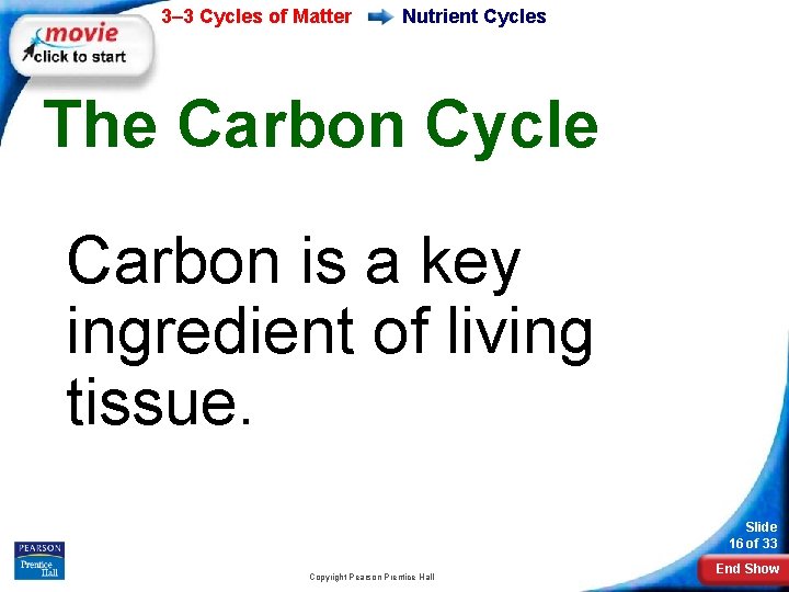 3– 3 Cycles of Matter Nutrient Cycles The Carbon Cycle Carbon is a key