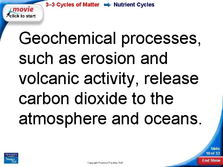 3– 3 Cycles of Matter Nutrient Cycles Geochemical processes, such as erosion and volcanic
