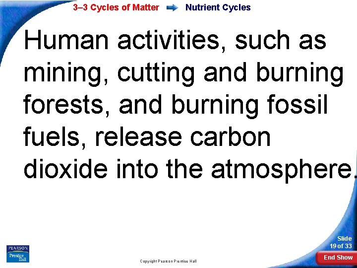 3– 3 Cycles of Matter Nutrient Cycles Human activities, such as mining, cutting and