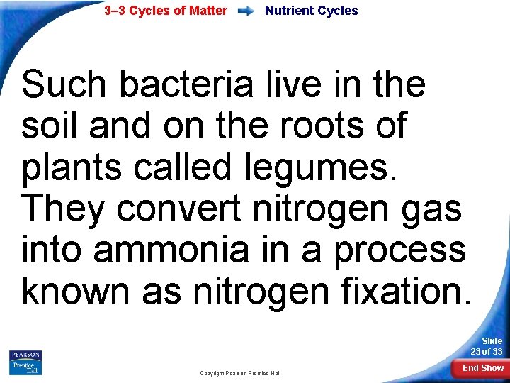 3– 3 Cycles of Matter Nutrient Cycles Such bacteria live in the soil and