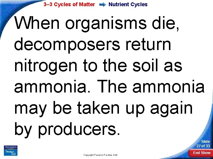 3– 3 Cycles of Matter Nutrient Cycles When organisms die, decomposers return nitrogen to