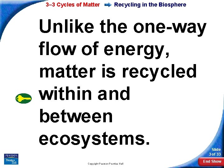 3– 3 Cycles of Matter Recycling in the Biosphere Unlike the one-way flow of