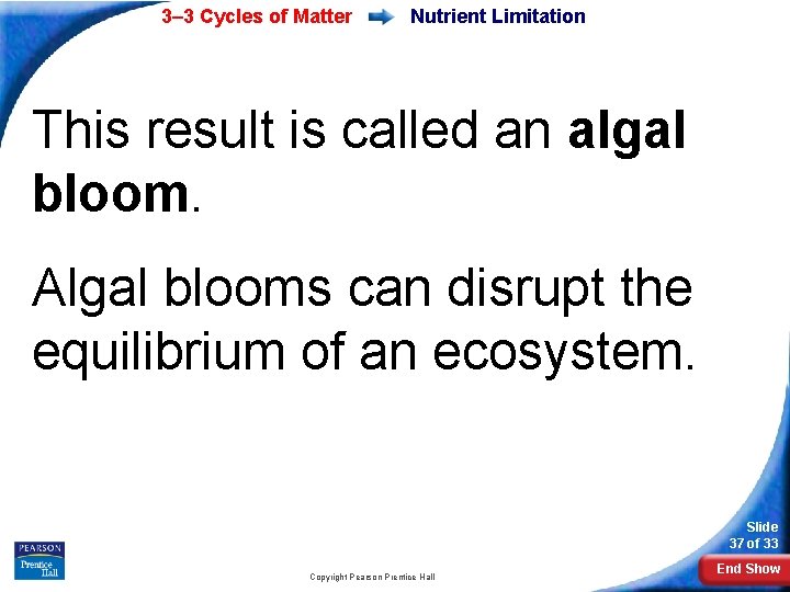 3– 3 Cycles of Matter Nutrient Limitation This result is called an algal bloom.