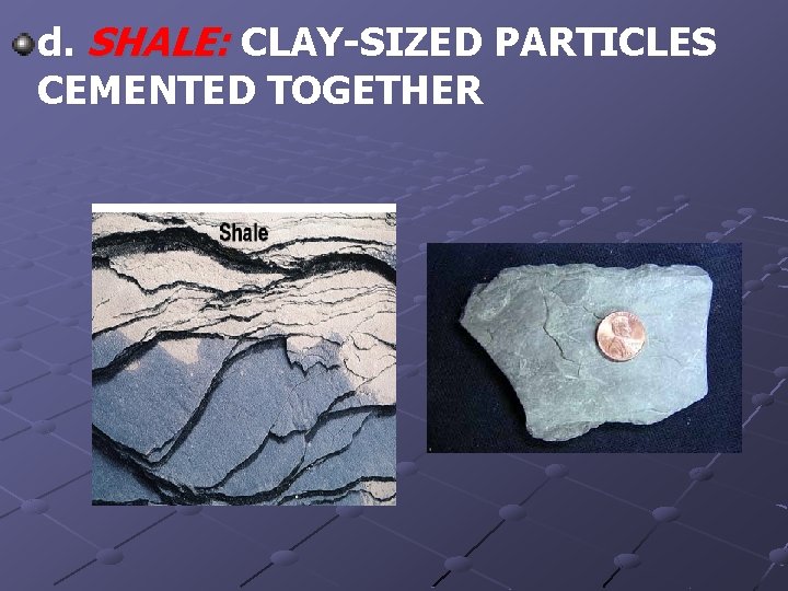 d. SHALE: CLAY-SIZED PARTICLES CEMENTED TOGETHER 