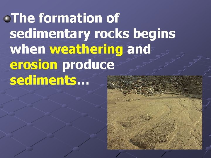 The formation of sedimentary rocks begins when weathering and erosion produce sediments… 