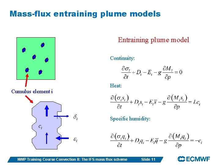 Mass-flux entraining plume models Entraining plume model Continuity: Cumulus element i Heat: Specific humidity: