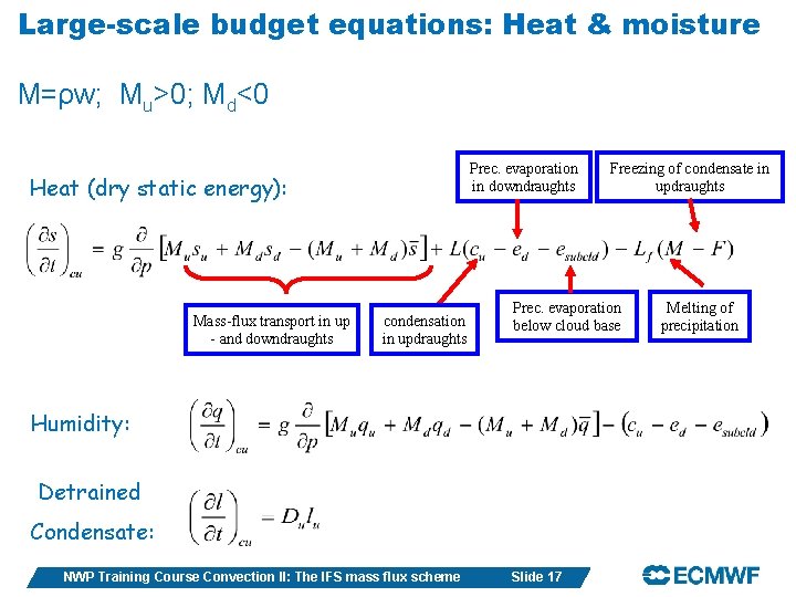 Large-scale budget equations: Heat & moisture M=ρw; Mu>0; Md<0 Prec. evaporation in downdraughts Heat