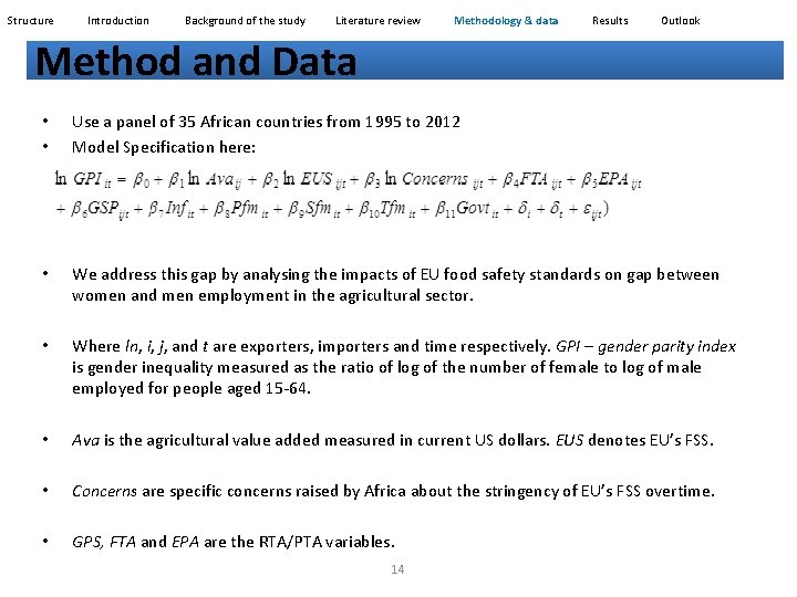 Structure Introduction Background of the study Literature review Methodology & data Results Outlook Method