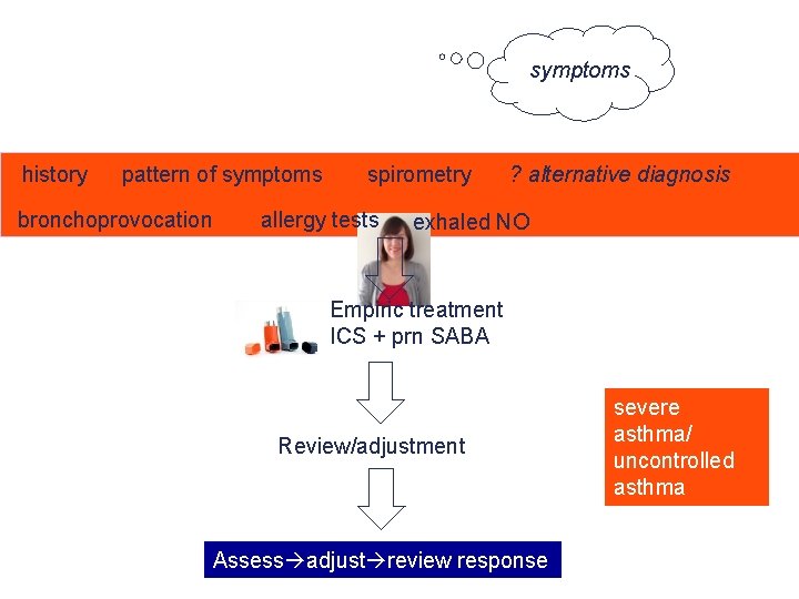 symptoms history pattern of symptoms bronchoprovocation spirometry allergy tests ? alternative diagnosis exhaled NO