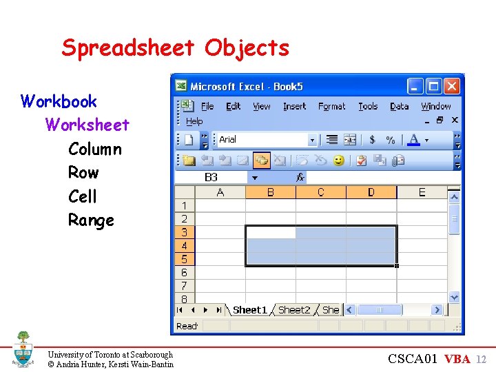 Spreadsheet Objects Workbook Worksheet Column Row Cell Range University of Toronto at Scarborough © Spreadsheet Objects Workbook Worksheet Column Row Cell Range University of Toronto at Scarborough ©